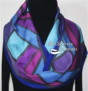Blue, Purple Hand Painted Silk Scarf Handmade FIJI SUNSETS. Size 11x60. Birthday Gift, Bridesmaid Gift, Christmas Gift.