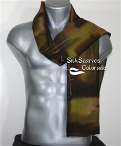 Unisex Silk Scarf, Men, Women. Green Brown Handmade Silk-Wool Shawl CITY HUNTER. Large 14x68. Warm Silk-Wool Scarf. Anniversary Gift. Birthday Gift, C