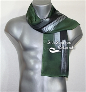 Unisex Silk Scarf, Men, Women. Green, Silver Handmade Silk Scarf GREEN PASSION. Size 11x60. Anniversary Gift. Birthday Gift, Christmas Gift.