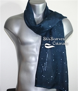 Unisex Silk Scarf, Men, Women. Navy Blue, Silver Handmade Silk Scarf NIGHT SKIES. Large 14x70". Anniversary Gift. Birthday Gift, Christmas Gift.