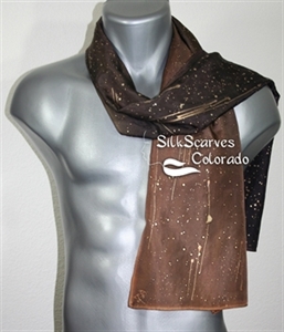 Unisex Silk Scarf, Men, Women. Brown Handmade Silk Scarf CHOCOLATE STARS. Size 11x60. Anniversary Gift. Birthday Gift, Christmas Gift.