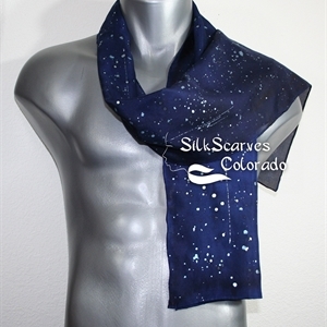 Unisex Silk Scarf, Men, Women. Navy Blue, Silver Handmade Silk Scarf STARRY SKY. Size 11x60. Anniversary Gift. Birthday Gift, Christmas Gift.