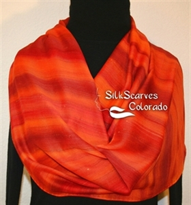 Hand Painted Silk Wool Scarf. Red, Orange, Copper Handmade Scarf SANTA FE DUSK. Large 14x68. Birthday Gift. Christmas Gift.