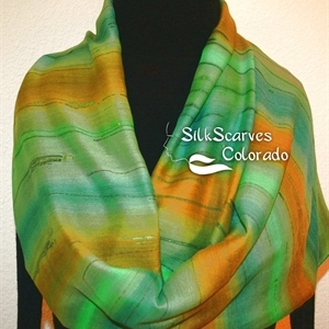 Hand Painted Silk Wool Scarf. Green, Terracotta Handmade Silk-Wool Scarf MOUNTAIN FIELDS. Silk Scarves Colorado. Large 14x68. Birthday Gift.