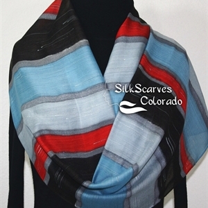 Hand Painted Silk Wool Scarf. Gray, Black, Red Warm Hand Painted Silk-Wool Scarf CLOUDY MORNING. Silk Scarves Colorado. Large 14x68. Birthday Gift.