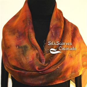 Hand Painted Silk Wool Scarf. Green, Brown, Terracotta Warm Silk-Wool Scarf PRAIRIE RIDE. Silk Scarves Colorado. Large 14x68. Birthday Gift.