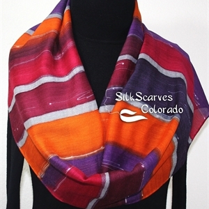 Hand Painted Silk Wool Scarf. Burgundy, Purple, Orange Handmade Silk-Wool Scarf BOSTON SUNRISE. Silk Scarves Colorado. Large 14x68. Birthday Gift.