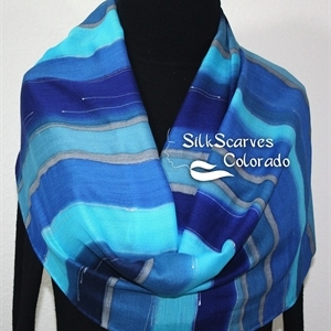 Hand Painted Silk Wool Scarf. Blue, Turquoise, Navy Handmade Silk-Wool Scarf COLD MOUNTAIN. Silk Scarves Colorado. Large 14x68. Birthday Gift.