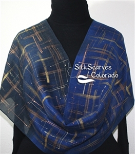 Hand Painted Silk Wool Scarf. Blue, Navy, Bronze Warm Silk-Wool Scarf LIGHTS IN RAIN. Silk Scarves Colorado. Large 14x68. Birthday Gift.