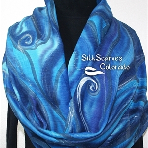 Hand Painted Silk Wool Scarf. Blue, Turquoise Warm Silk-Wool Scarf NIGHT SEA. Silk Scarves Colorado. Large 14x68. Birthday Gift.