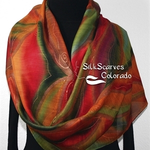 Hand Painted Silk Wool Scarf. Green, Burgundy, Red Warm Silk Wool Scarf SUNSET MOOD. Silk Scarves Colorado. Large 14x68. Birthday Gift.
