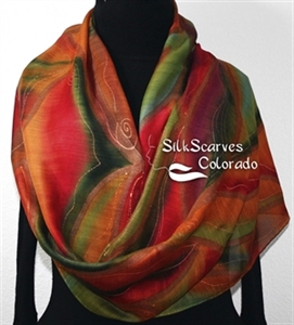 Hand Painted Silk Wool Scarf. Green, Burgundy, Red Warm Silk Wool Scarf SUNSET MOOD. Silk Scarves Colorado. Large 14x68. Birthday Gift.