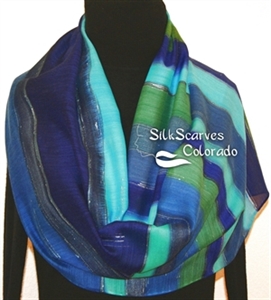 Hand Painted Silk Wool Scarf. Blue, Green, Navy Warm Silk Wool Shawl ATLANTIC BLUES. Silk Scarves Colorado. Large 14x68. Birthday Gift.