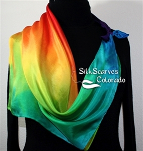 Silk Scarf Hand Painted. Red, Yellow, Green, Blue Handpainted Silk Shawl SUMMER FLAMES. Silk Scarves Colorado. Extra-Large Square 35x35. Wedding Gift.