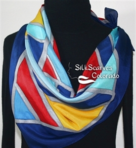  Hand Painted Silk Scarf. Blue, Red, Yellow Handpainted Silk Shawl PARISIAN MOSAICS. Silk Scarves Colorado. Extra-Large 35x35 square. Holidays Gift.