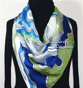 Hand Painted Silk Scarf. Olive, Navy Blue, Turquoise, White Handmade Silk Scarf DENIM CHIC. Silk Scarves Colorado. Extra-Large 35x35 square. Holidays 