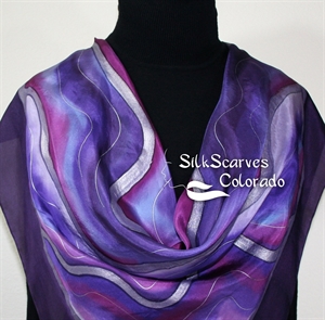 Handpainted Silk Scarf. Purple, Lavender Hand Painted Silk Scarf PURPLE MOUNTAIN. Silk Scarves Colorado. Extra-Large 35x35 square. Anniversary Gift