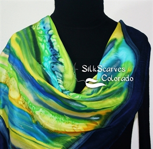 Hand Painted Silk Scarf. Blue, Yellow, Green Handpainted Silk Shawl AFTER THE RAIN. Silk Scarves Colorado. Extra-Large 35x35 square. 