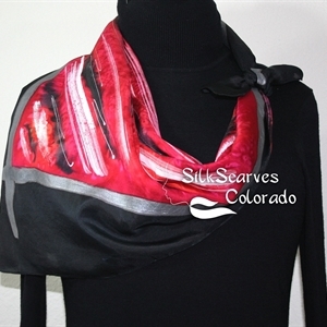  Red, Black Hand Painted Silk Shawl RED SKIES. Extra-Large 35x35 square. Silk Scarves Colorado. Handmade Silk Scarf. Bridesmaid Gift.  