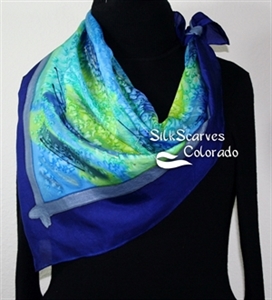 Blue, Lime, Teal Handmade Scarf MORNING MARSHES. Extra-Large Square 35x35. Silk Scarves Colorado. Birthday Gift.