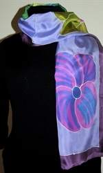 Violet Silk Scarf with Big Flowers in Green and Purple   -1
