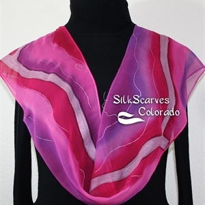 Pink, Violet Hand Painted Chiffon Silk Scarf COLORADO DAWN. Size 8x54. Silk Scarves Colorado. Birthday Gift. 