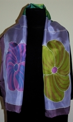 Violet Silk Scarf with Big Flowers in Green and Purple  -2