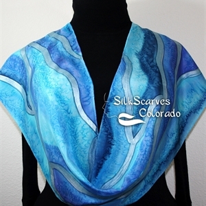 Navy Blue, Turquoise Hand Painted Silk Scarf SEA BREEZE. Size 11x60. Silk Scarves Colorado. Birthday Gift.