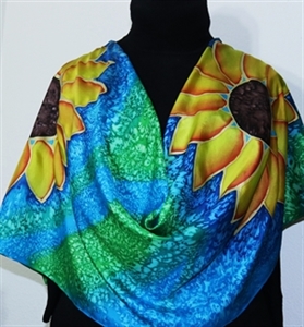 Green, Teal, Orange Hand Painted Silk Scarf SILK SUNFLOWERS. Size 14x72. Silk Scarves Colorado. Birthday Gift.
