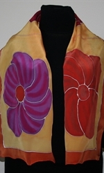 Yellow Silk Scarf with Big Flowers in Orange, Red and Purple  	 