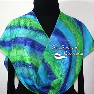 Green, Turquoise Hand Painted Silk Scarf BLUE GARDEN. Size 11x60. Silk Scarves Colorado. Mother Gift.