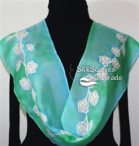 Teal, Turquoise, White Hand Painted Silk Scarf EARLY SPRING. Size 14x72. Silk Scarves Colorado. Bridesmaid Gift.  