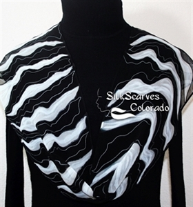 Black, White Hand Painted Chiffon Silk Scarf NIGHT WAVES. Size 8x54. Silk Scarves Colorado. Birthday Gift. Silk Art.