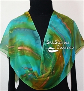Green, Teal, Terracotta Hand Painted Silk Shawl. Handmade Chiffon Silk Scarf ENCHANTED WOODS. Size 11x60". Silk Scarves Colorado. Elegant Silk Gift 
