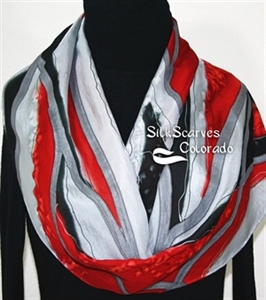 Black, Grey, Red Hand Painted Silk Scarf CRIMSON MOUNTAINS. Size 14x72. Silk Scarves Colorado. Birthday Gift