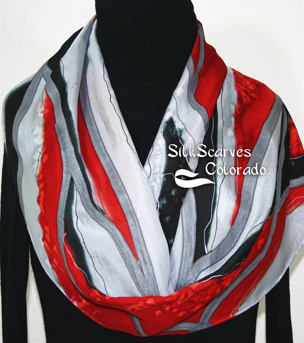 Silk Online Shop - Black, Grey, Red Painted Silk Scarf MOUNTAINS. Size 14x72. Silk Scarves Colorado. Birthday Gift