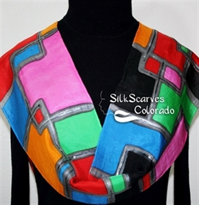 Red, Green, Blue Hand Painted Silk Scarf Silk Scarf FEEL SO HAPPY. Size 11x60". Silk Scarves Colorado. Elegant Silk Gift 