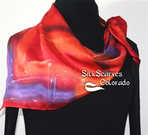 Orange, Red, Purple Hand Painted Silk Satin Shawl BURNING SKIES-2 by Silk Scarves Colorado. Extra-Large 35x35. Elegant Silk Gift  