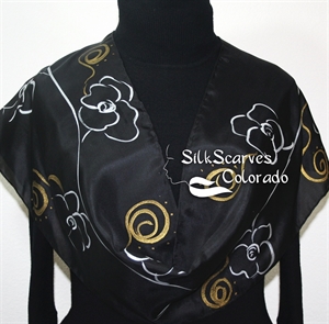 Black, Gold, Silver Hand Painted Silk Scarf NIGHT WHISPER. Size 11x60. Silk Scarves Colorado. Elegant Silk Gift