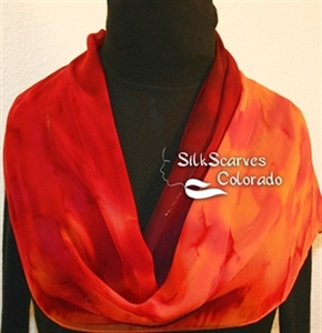  Red, Orange, Burgundy Hand Painted Silk Scarf RED FLAMES. Size 11x60. Silk Scarves Colorado. Elegant Silk Gift