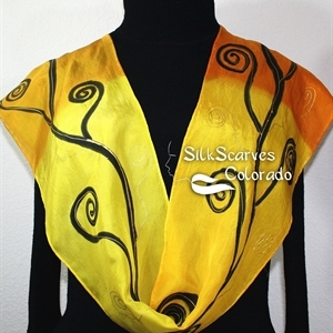 Yellow, Golden Terracotta Hand Painted Silk Scarf HONEY TREE. Size 8x54. Silk Scarves Colorado. Birthday Gift.