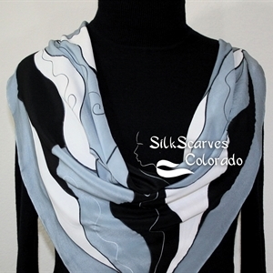 Grey, Black, White Hand Painted Square Silk Scarf SILVER MOON. Size 30x30" square. Silk Scarves Colorado. Birthday Gift. 