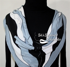 Grey, Black, White Hand Painted Square Silk Scarf SILVER MOON. Size 30x30" square. Silk Scarves Colorado. Birthday Gift. 