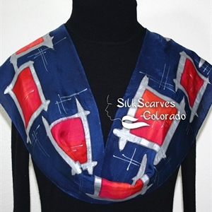 Navy Blue, Red, Silver Hand Painted Silk Scarf NIGHT DANCE. Size 8x54. Silk Scarves Colorado. Birthday Gift. 