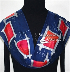 Navy Blue, Red, Silver Hand Painted Silk Scarf NIGHT DANCE. Size 8x54. Silk Scarves Colorado. Birthday Gift. 