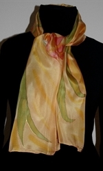  Light Yellow Silk Scarf with Big Stylized Flowers and Leaves