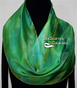 Green, Emerald, Olive Hand Painted Silk Scarf GREEN PIECE. Size 11x60. Silk Scarves Colorado. Elegant Silk Gift.  