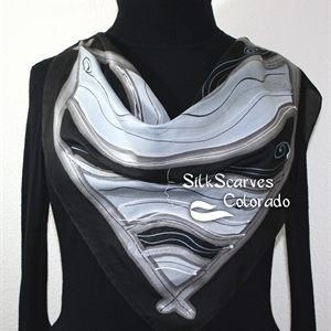 Black, White, Grey Hand Painted Silk Bandanna Scarf ALASKA NIGHTS. Size 22x22 square. Silk Scarves Colorado. Elegant Silk Gift. 