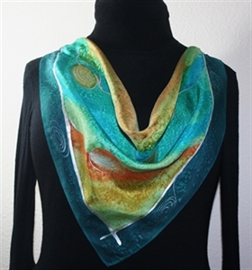 Teal, Terracotta, Olive Hand Painted Silk Bandanna Scarf MOUNTAIN DAY. Size 30x30 square. Silk Scarves Colorado. Elegant Silk Gift.