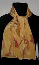 Autumn-Colored Silk Scarf with Stylized Leaves and Flowers